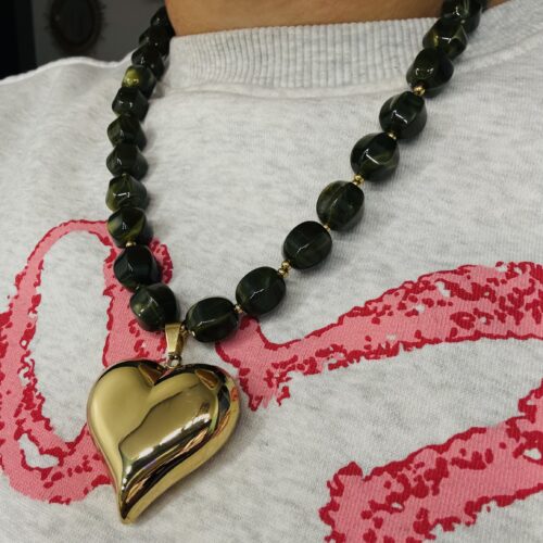 Parelketting groen met hart Goud